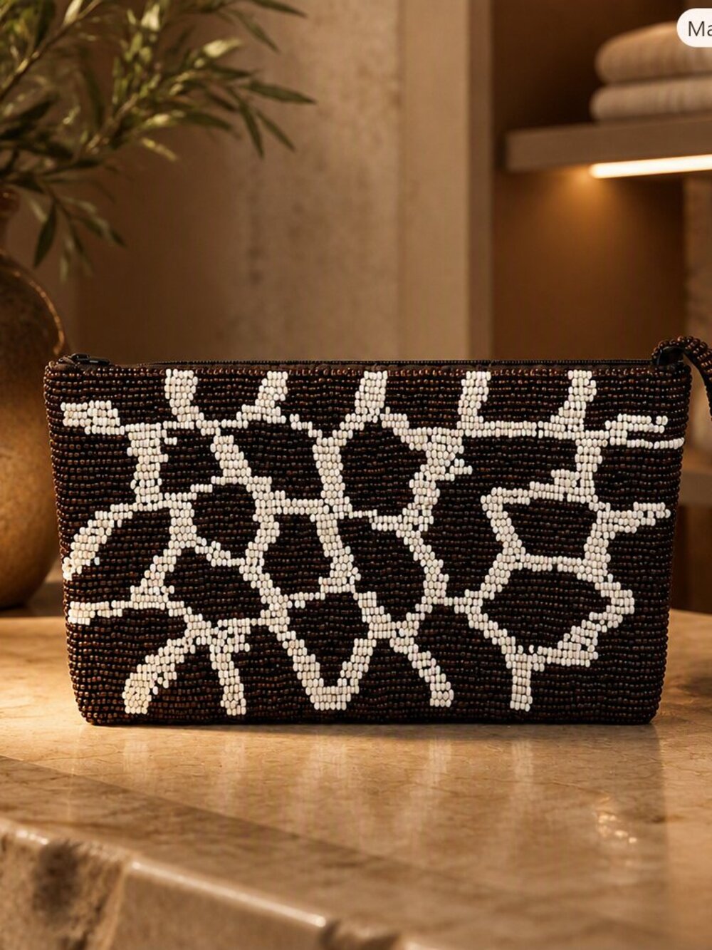 Beaded Giraffe-Pattern Wristlet Clutch in Black and White